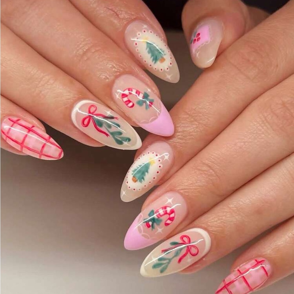 24 piece Festive Christmas press on Nails with Pink and Red Accents